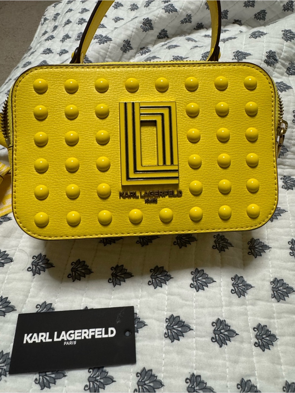 Karl Lagerfeld Yellow Stud-Embellished Crossbody Bag with Logo Plaque - Picture 3 of 16